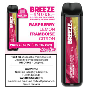 Breeze Pro Zero Nic 20K Disposable Vape: Raspberry Lemon (4mL)