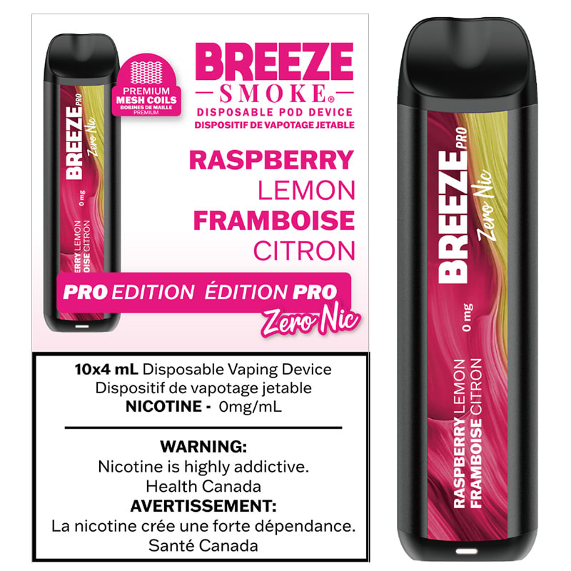 Breeze Pro Zero Nic 20K Disposable Vape: Raspberry Lemon (4mL)