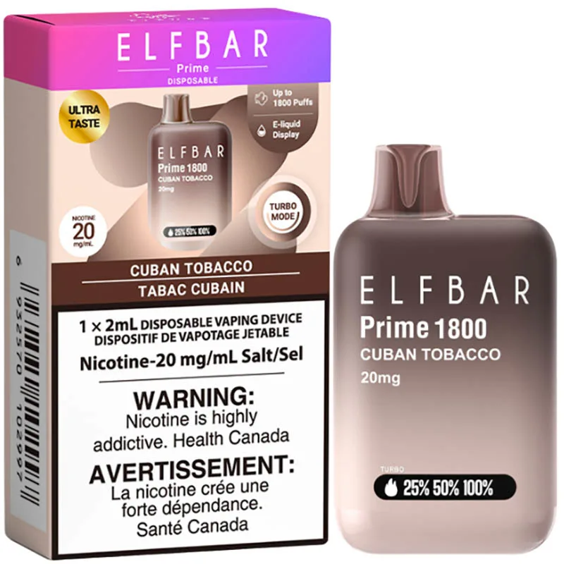 Elfbar Prime 1800 Disposable Vape: Cuban Tobacco (2mL)